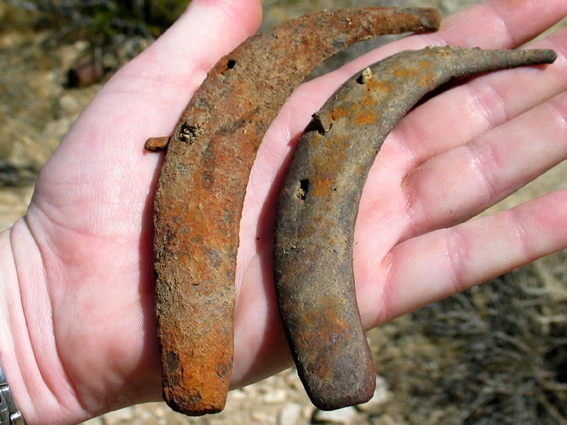 Some well worn iron shoes with a couple of nails still intact.