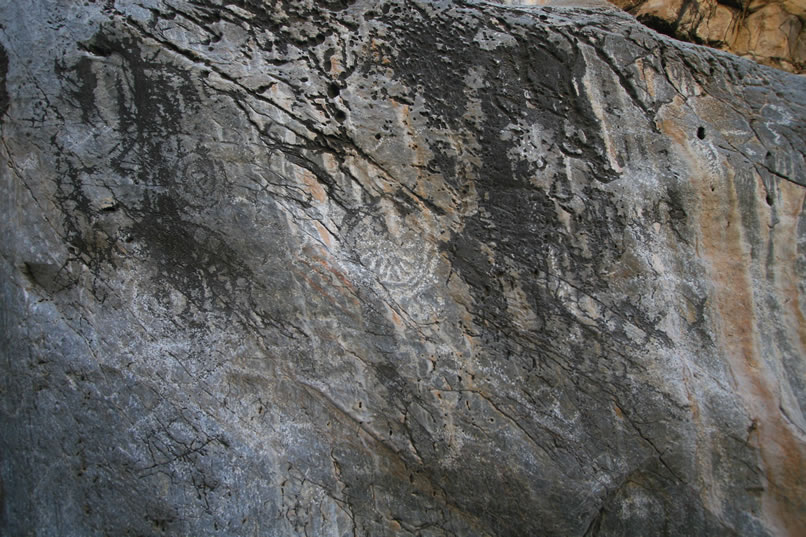 There are two interesting wheel motif petros here as well as a small spiral that has been darkened by either a mineral stain or lichen.