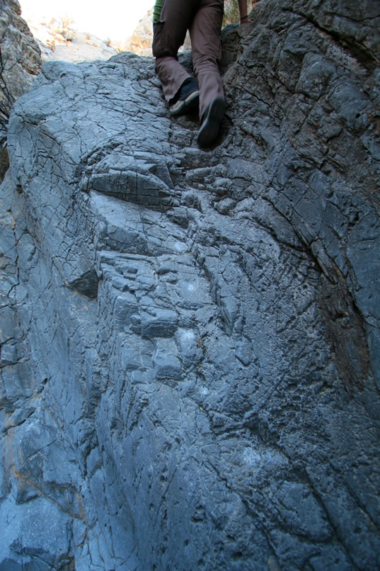 Instead of a steep climb up yet another slick chute, we find that the Indians have left us pecked marks on a side shelf to indicate that this is the better route.