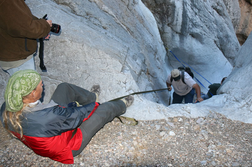 Jamie helps Wild Bill up to the bowl.  Below Bill you can see Micah and his belay setup.