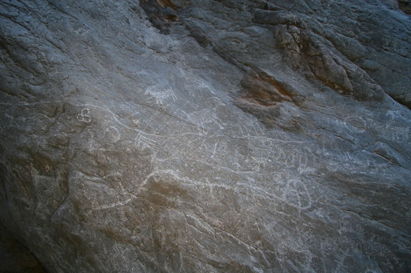 Continuing our clockwise swing we can see that there are more bighorn sheep and that the meander lines are still going.  The virtual riot of rock art emblazoned on these walls attests to the fact that this was, and still is, a truly magical spot.  We feel lucky to be able to see this unique location.