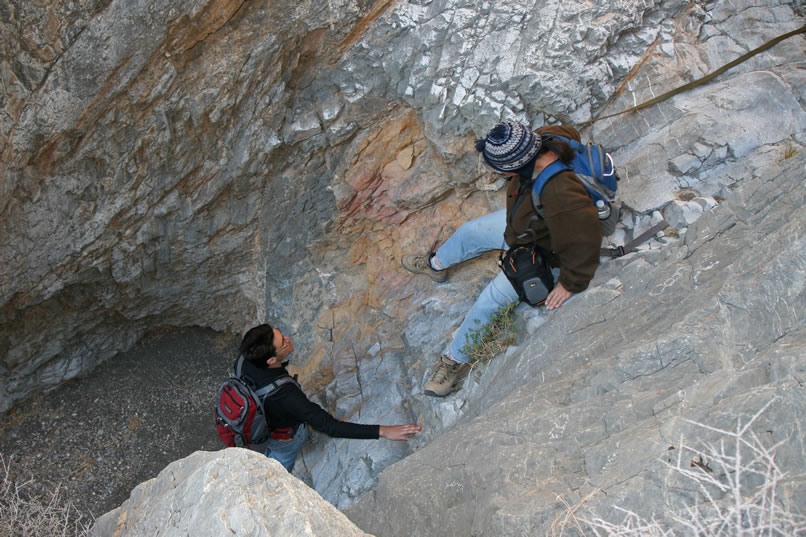 It's a lot easier going down these short steep inclines than it was going up!  Alysia is using a bit of webbing just in case, though.