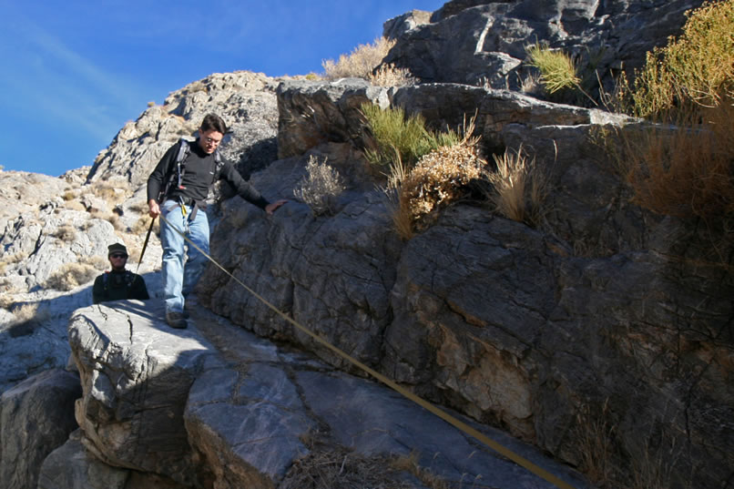 At the ledge, we use a bit of webbing because it has some gravel on it and it's about a six foot drop near the top if you slide off.