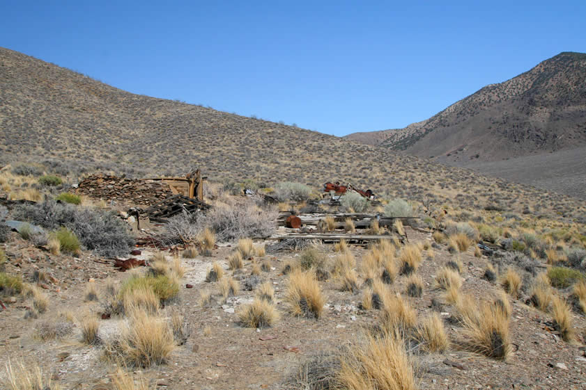 At one time the "main street" of the mining camp was lined on both sides with about twenty assorted small, one room boarding and bunkhouses.  Now all that remains is a tremendous amount of historic trash.