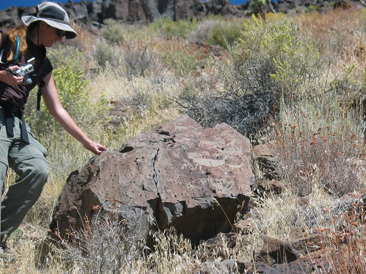 Niki examines a panel higher on the hillside.