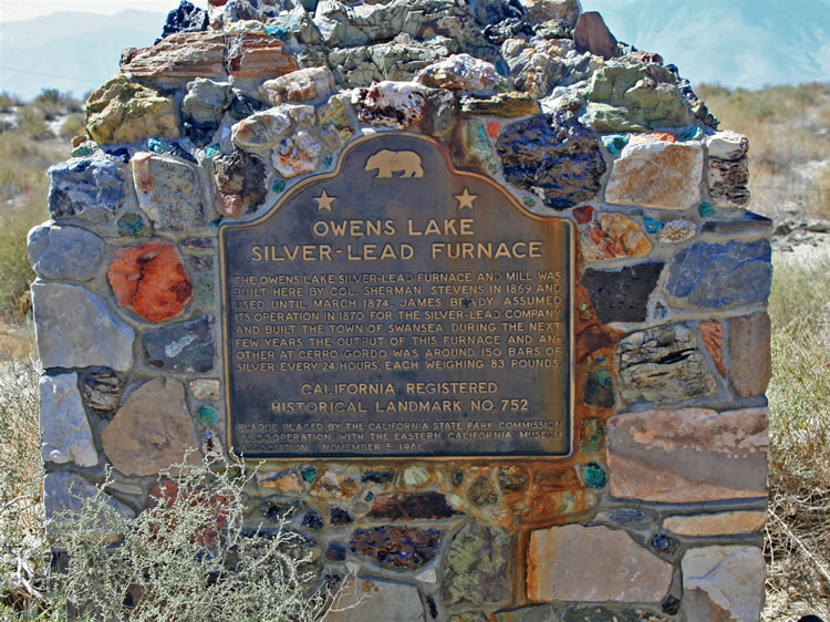 Near Swansea on the east side of Owens Lake is a historical marker for the old silver-lead furnace that was located here.