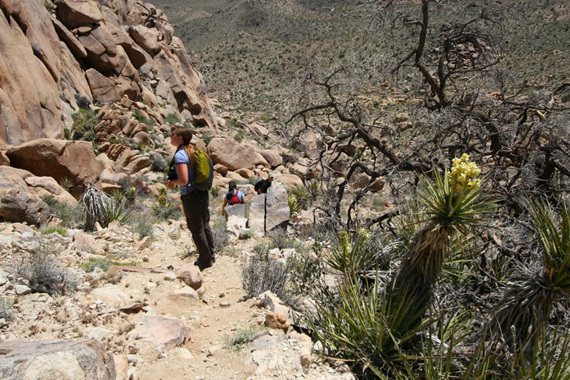 Niki pauses on the steep downhill portion to point out an interesting rock formation.