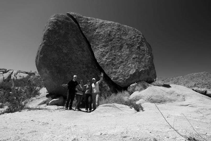 Finally, we get our group shot with Split Rock in the background.  Somehow, Jamie's camera is set to black and white, but it's a nice artistic effect!