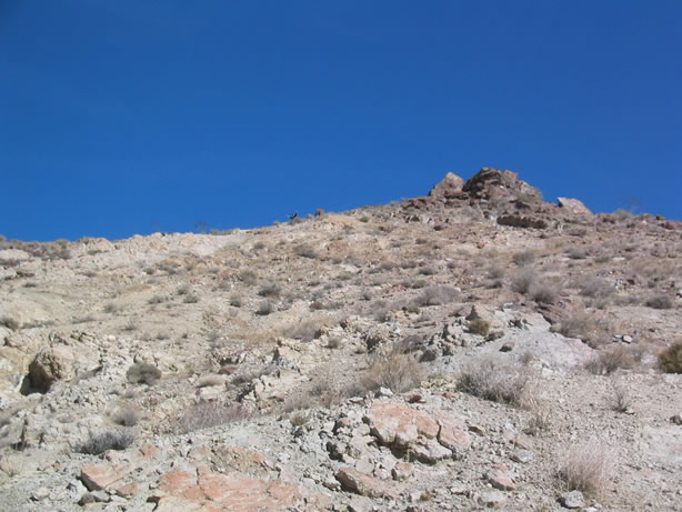 Looking up at Niki from the canyon bottom.  Can you see her?