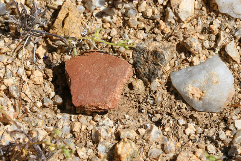 Just before our faded road turns into a faint trail and climbs up the canyon to Conejo Well, we come to a little flat that shows by a sparse scatter of pottery fragments that it was once an Indian campsite.