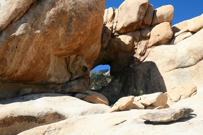 There are two mature oak trees, one in front of the arch and one behind it, that are framed in the opening and lend some scale to the scene.