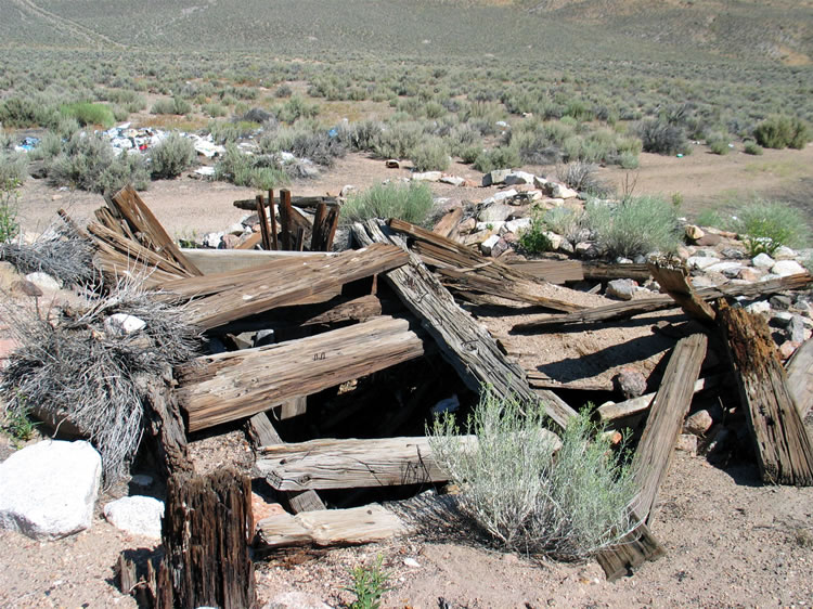 A closer look at the timbering.  The structure is immediately adjacent to the old Carson and Colorado Railroad roadbed.  This narrow gauge line began service in 1880 but has long been abandoned and the rails and ties salvaged.