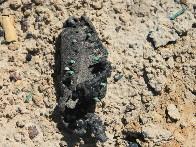 A shriveled boot sole, complete with copper colored nails, stands out clearly against the hard packed dirt.