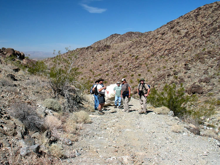 Our crew at the chokestone on the Black Eagle Mine Road.  We couldn't ask for a more knowledgeable group of desertologists to join us on this day's adventure than Guy and Alysia, Lewis and Dezdan.