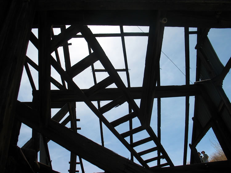 Looking up through the wooden skeleton.