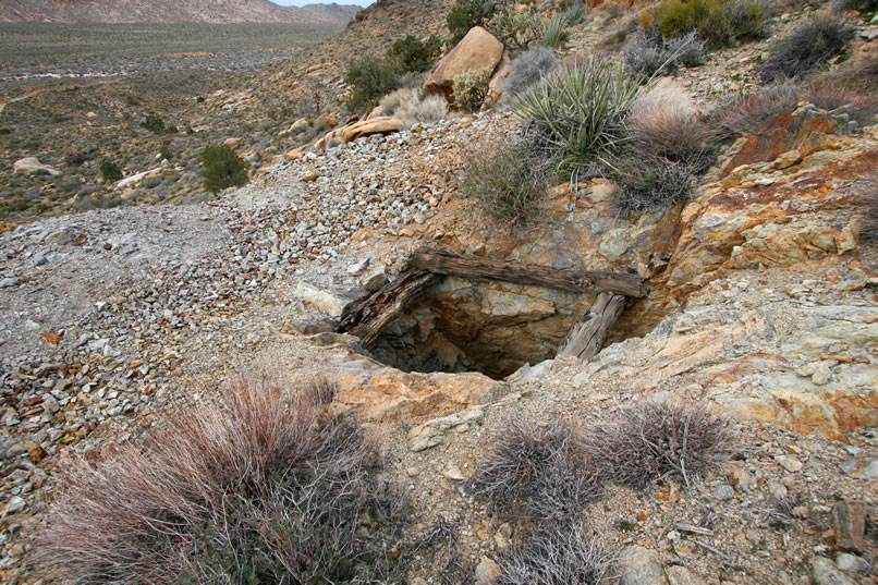 A short steep scramble brings us to the top of the tailings pile next to the shaft.  There's not much up here but we notice that native pinyon pine has been used to frame out the opening of the shaft.