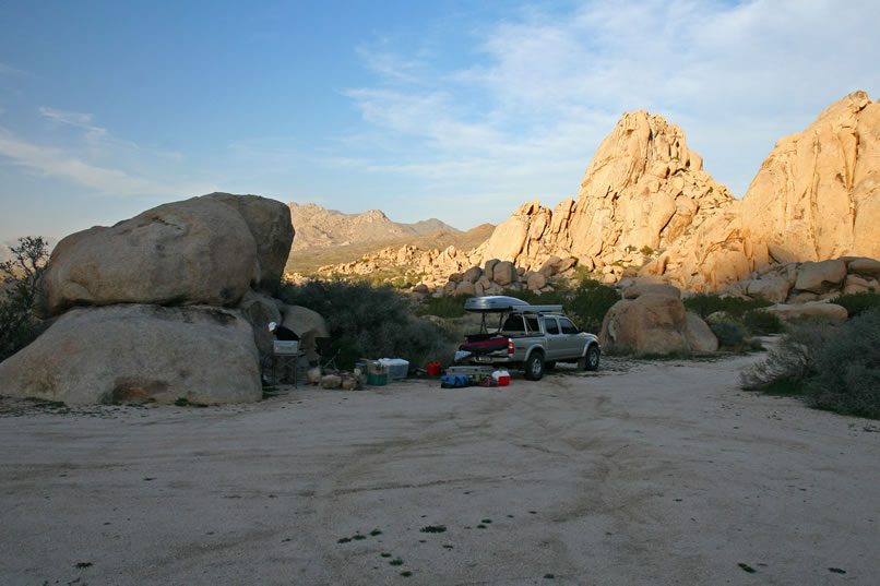 After returning to the truck, we move into the shelter of the boulders west of Granite Pass to set up camp for the night.