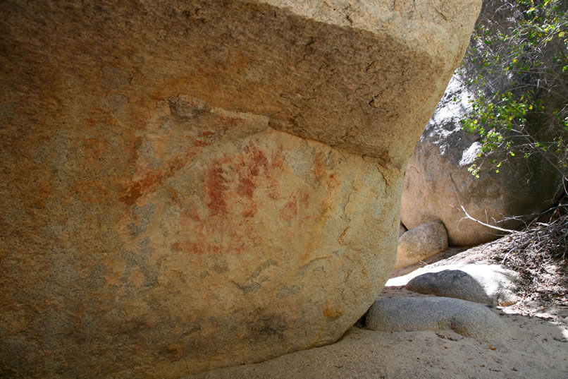 On the back side of a large, solitary boulder sitting in a little wash, we notice some pictos in the form of smudged red hand prints.